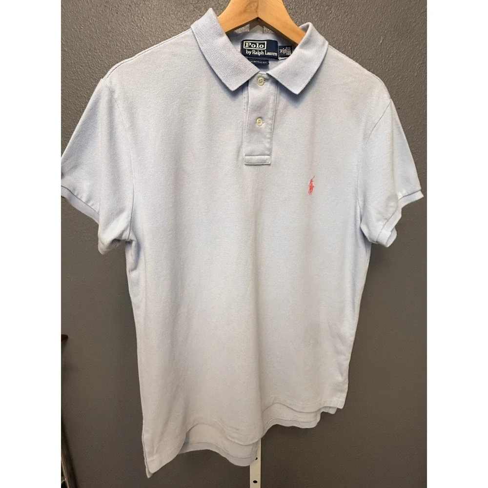 Polo Mens Shirt M Light Blue Short Sleeve Custom Fit 100% Cotton Pink Pony